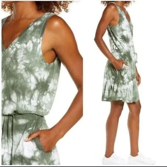 Sweaty Betty Take It Easy Tie Dye Moss Green Dress Size XSmall Drawstring Pocket - Picture 2 of 16